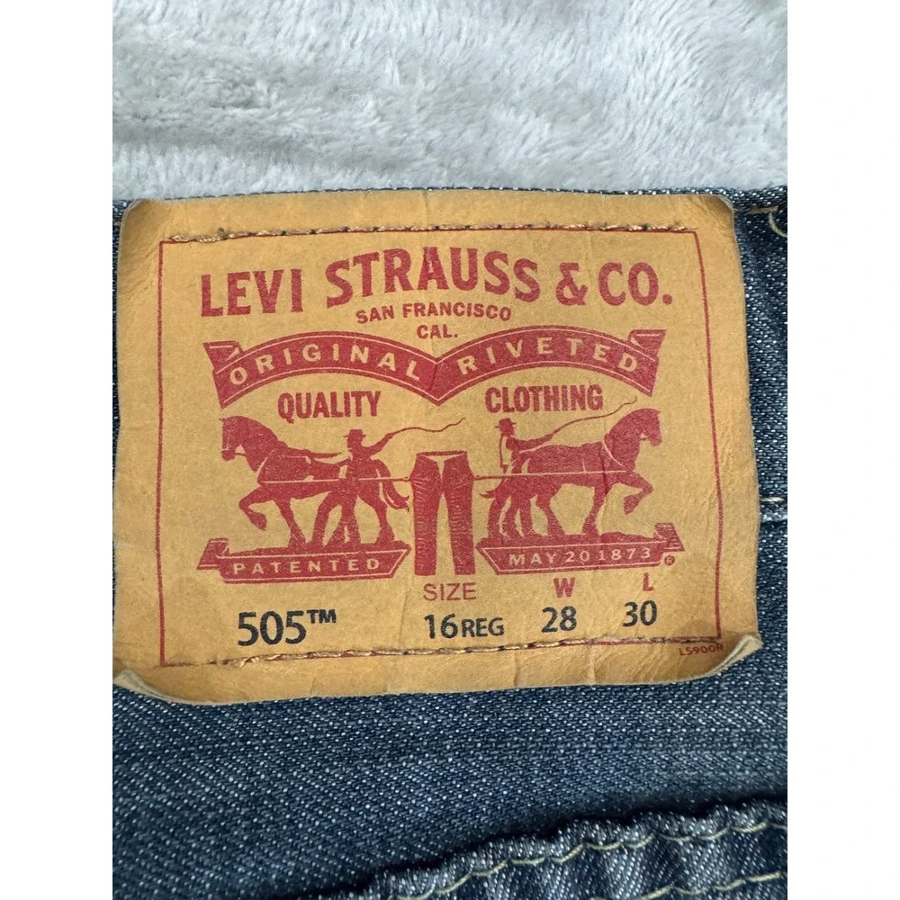 Levis 505 Jeans Boys 28x30 16 Regular Youth Blue Straight Dark Wash‎ Stained